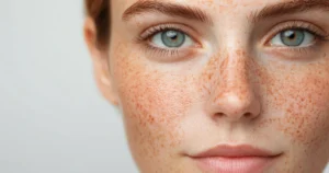 Close-up of fair-skinned woman with skin discoloration, freckles, light eyes, and soft lighting against a blurred background in Kearney, NE.