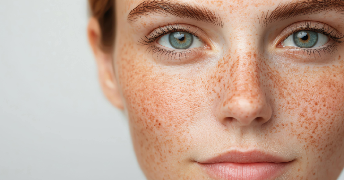 Close-up of fair-skinned woman with skin discoloration, freckles, light eyes, and soft lighting against a blurred background in Kearney, NE.